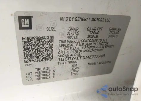 2021 Chevrolet Silverado K1500 z USA, uszkodzony, nr VIN 1GCRYAEFXMZ217740